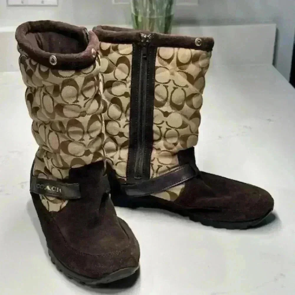 Coach Juniper Brown Suede Signature Jacquard Winter Boots Women's Size 8B